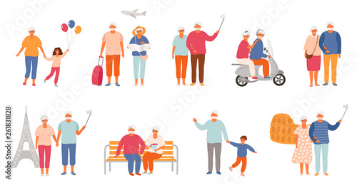 Set of active lifestyle seniors. Elderly people characters. Old people spend time with their grandchildren, traveling the world, walk in the park and on a motor scooter.