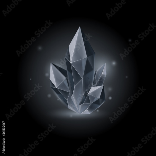 Magic Black Crystal with Sparkle. Decoration icon for Games. Cartoon crystals Illustration. Stone Energy on Black Background
