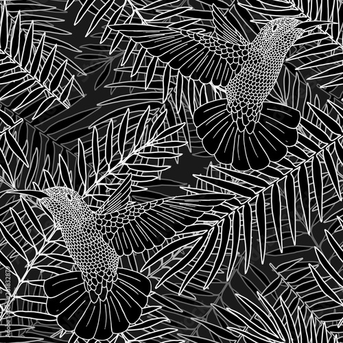Seamless pattern, background with tropical plants palm leaves and colibri birds