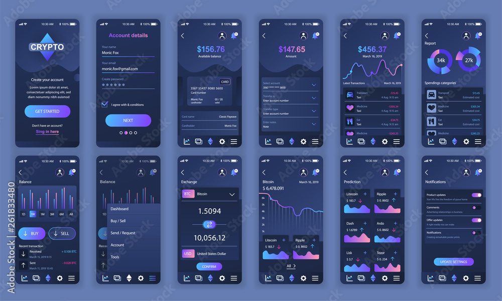 Set of UI, UX, GUI screens Cryptocurrency app flat design template for mobile apps, responsive website wireframes. Web design UI kit. Cryptocurrency Dashboard.