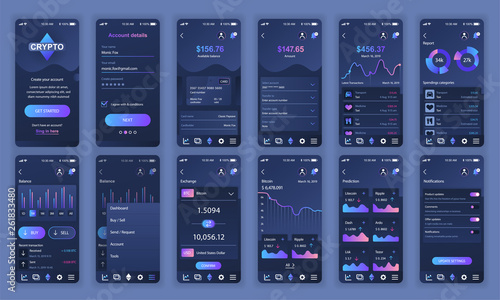 Set of UI, UX, GUI screens Cryptocurrency app flat design template for mobile apps, responsive website wireframes. Web design UI kit. Cryptocurrency Dashboard.