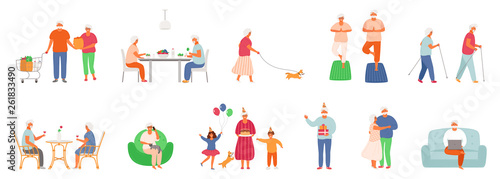 Set of active lifestyle seniors. Elderly people characters. Old people eat healthy food, do yoga, walk their pet, visit a cafe, use a laptop, talk on the phone, celebrate a birthday with family.