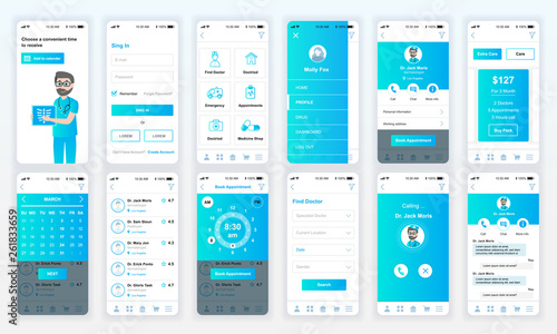 Set of UI, UX, GUI screens Medicine app flat design template for mobile apps, responsive website wireframes. Web design UI kit. Medicine Dashboard.