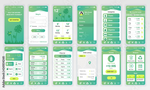 Set of UI, UX, GUI screens Ecology app flat design template for mobile apps, responsive website wireframes. Web design UI kit. Ecology Dashboard.