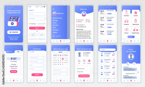 Set of UI, UX, GUI screens Medicine app flat design template for mobile apps, responsive website wireframes. Web design UI kit. Medicine Dashboard.