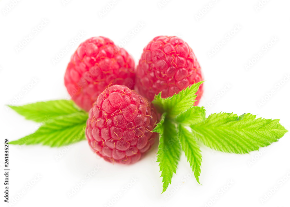 Raspberry with leaves isolated on white background Raspberry with leaves isolated on white background