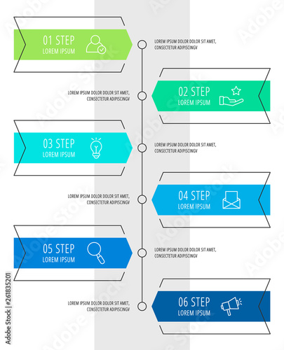 Modern vector flat illustration. Infographic arrows template with six elements, shapes, icons. Timeline designed for business, presentations, web design, interface, education, diagrams with 6 steps