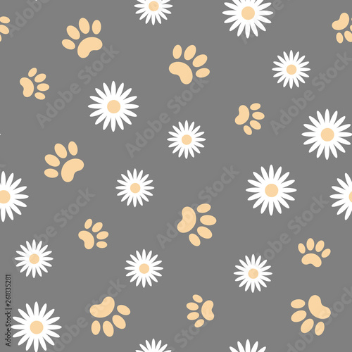 White daisies and animal paws prints seamless pattern background texture wallpapers.
