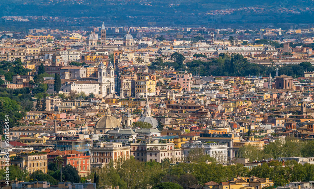 Panoramic view from the Zodiaco Terrace in Rome with Trinità dei Monti. Rome, Italy.