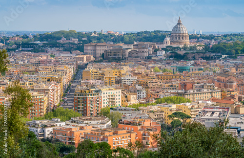 Panoramic view from the Zodiaco Terrace in Rome with Saint Peters Basilica. Rome, italy.