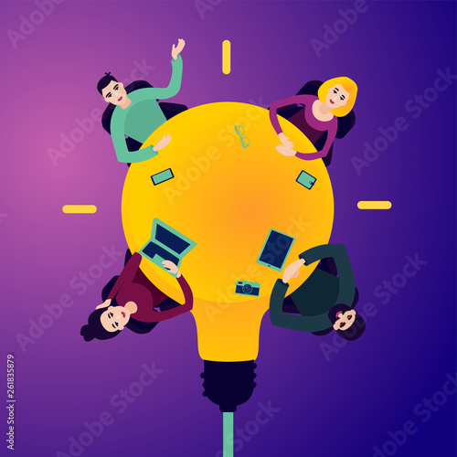 Meeting in the office. People on the round table in the shape of the bulb. Top view. Flat style illustration. Teambuilding concept.