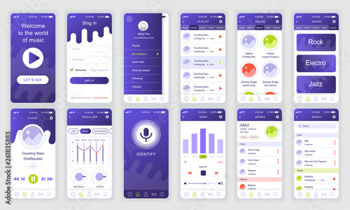 Set of UI, UX, GUI screens Music app flat design template for mobile apps, responsive website wireframes. Web design UI kit. Music Dashboard.