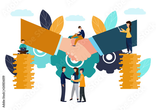 Vector illustration, business concept, agreement of the parties, partnership concept, handshake, signing documents.
