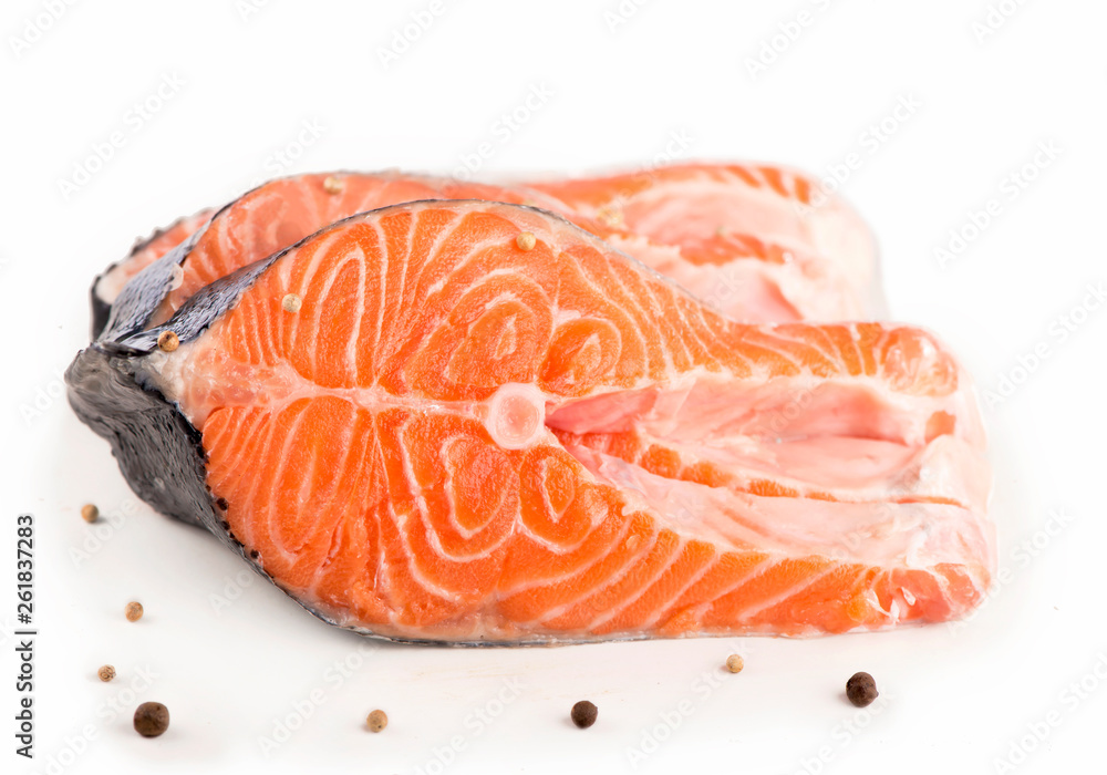 salmon steak close-up isolated on white background salmon steak close-up isolated on white background