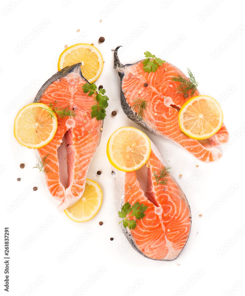 salmon steak close-up isolated on white background salmon steak close-up isolated on white background