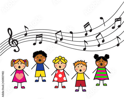 cartoon boys and girls sing a song and top notes and treble clef