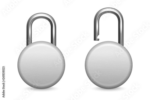 Vector 3d Realistic Closed and Opened Circle Metal Silver Chrome Padlock Icon Set Closeup Isolated on White Background. Design Template of Gold Lock for Protection Privacy, Web and Mobile Apps, Logo
