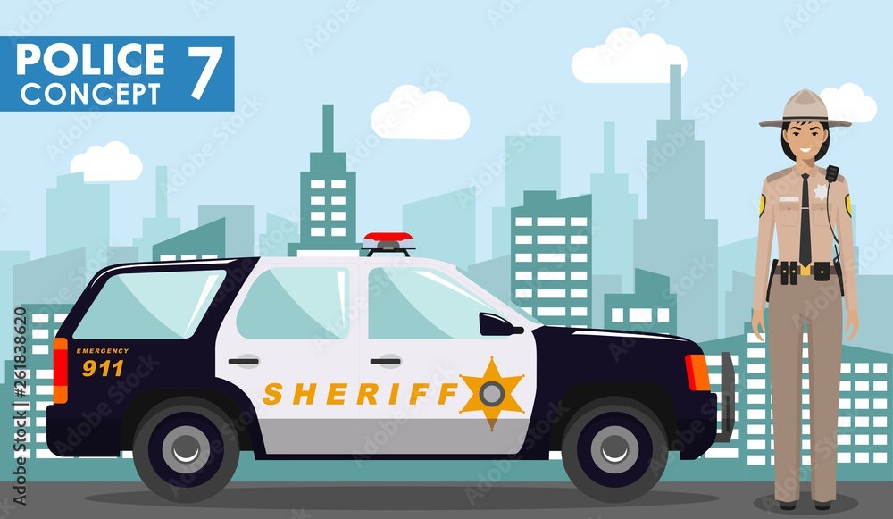Police concept. Detailed illustration of policewoman, sheriff on background with police car and cityscape in flat style. Vector illustration.