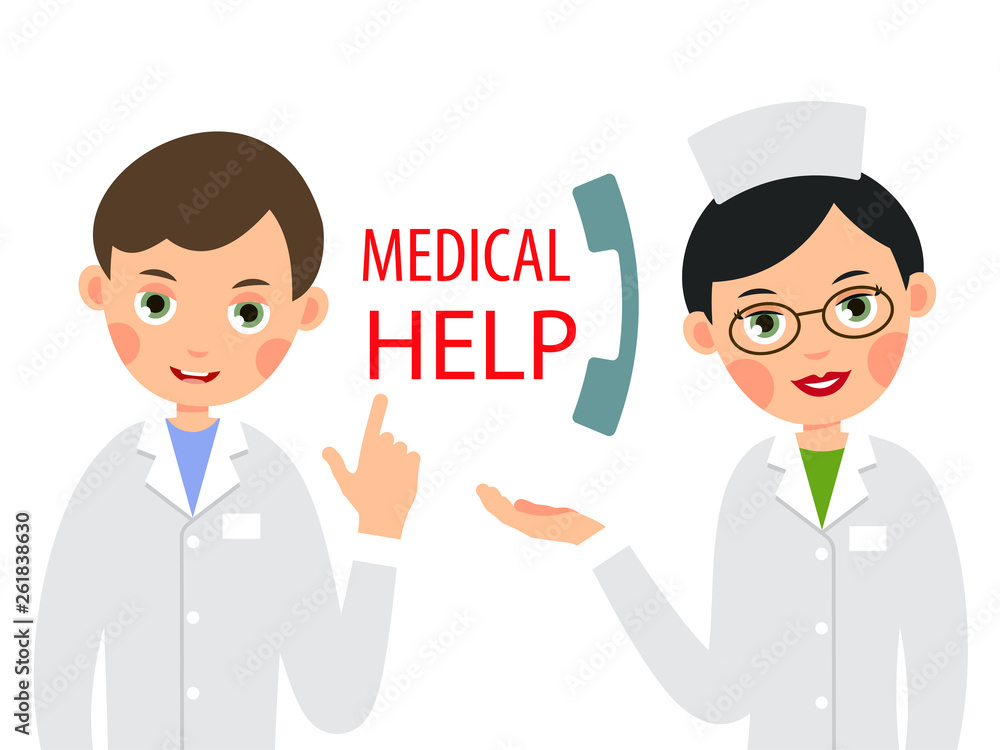 Calling doctor. Call a doctor by phone. Medical consultation by telephone. Doctor on call. Emergency on phone. Healthcare & medical concept. Illustration isolated on white background in flat Calling doctor. Call a doctor by phone. Medical consultation by telephone. Doctor on call. Emergency on phone. Healthcare & medical concept. Illustration isolated on white background in flat