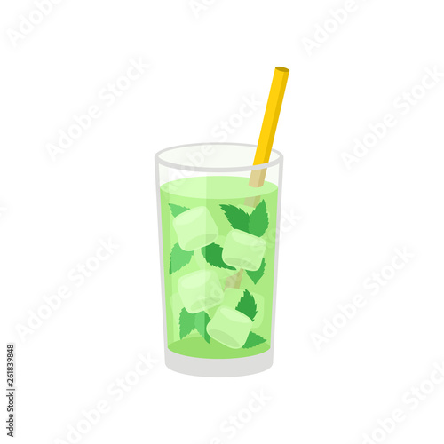 Mint cocktail with ice on white background. Mojito concept.