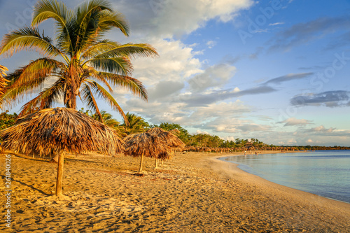 Photography Rancho Luna sandy beach with palms and straw umrellas on the shore, Cienfuegos,