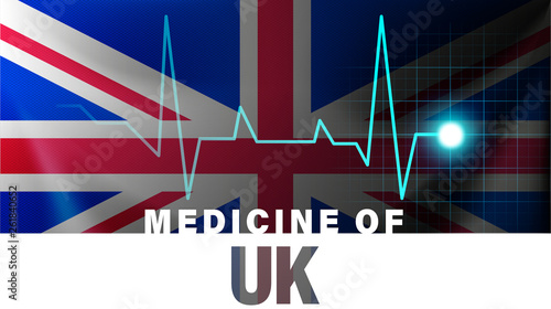 UK flag and heartbeat line illustration. Medicine of UK with country name