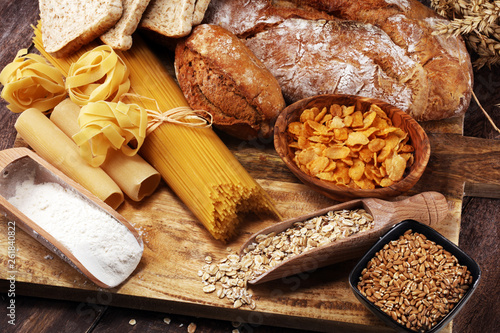 whole grain products with complex carbohydrates on table photo