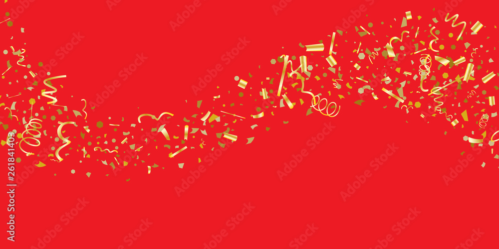 Golden glitter confetti on a red background. 