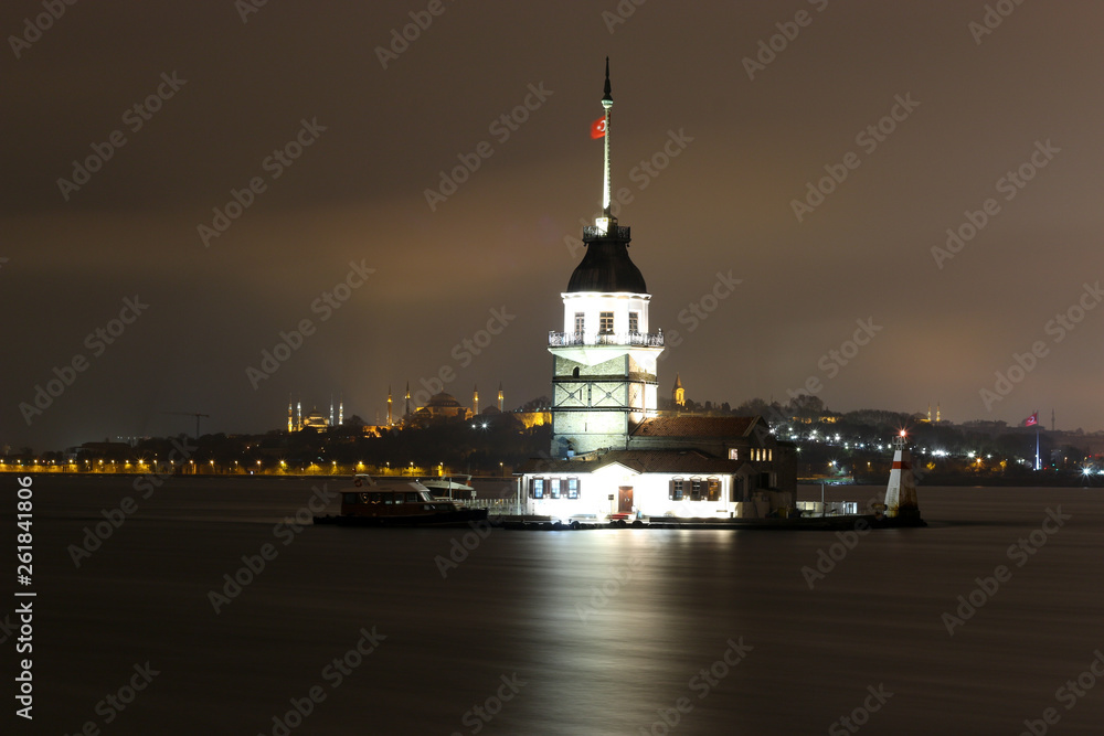 Long exposure image of Maiden Tower at Istanbul with Turkish Flag at night. Kız Kulesi Long exposure image of Maiden Tower at Istanbul with Turkish Flag at night. Kız Kulesi