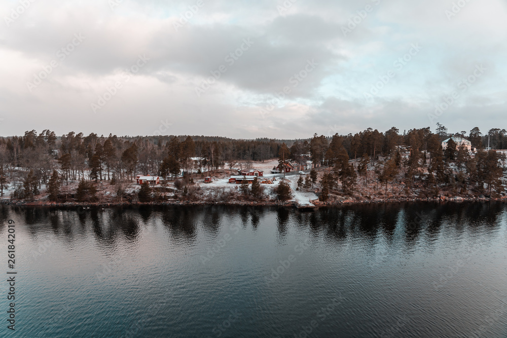 View from the Stockholm archipelago with snow on the ground with houses in the woods