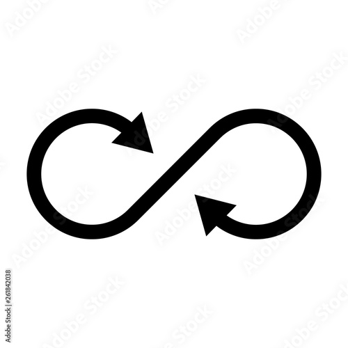 Infinity symbol icon with both side arrows. Concept of infinite, limitless and endless. Simple flat black vector design element