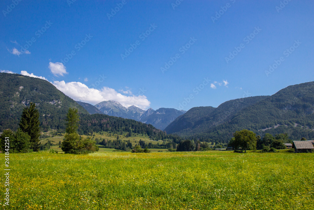 Summer sunny scene of mountains in Triglav National Park in Slovenia