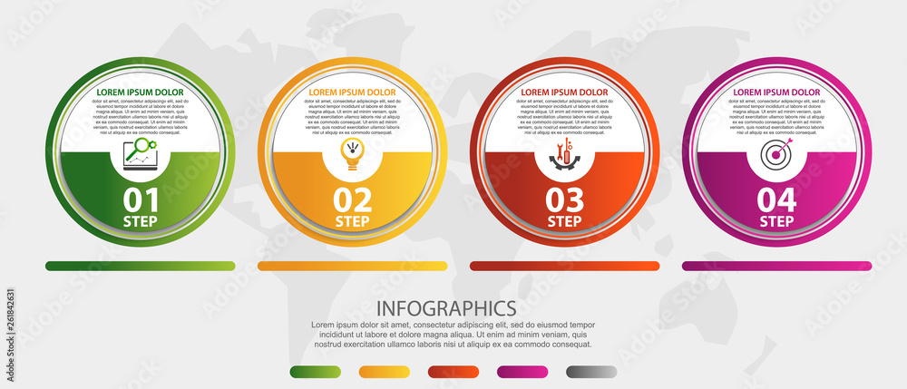 Modern 3D vector illustration. Circular infographic template with four elements. Icons and text. Designed for business, presentations, web design, applications, interfaces, diagrams with 4 steps