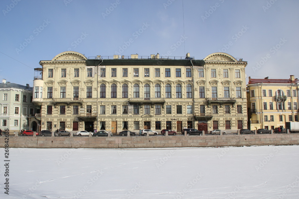 houses on Fontanka embankment in winter in St. Petersburg, Russia