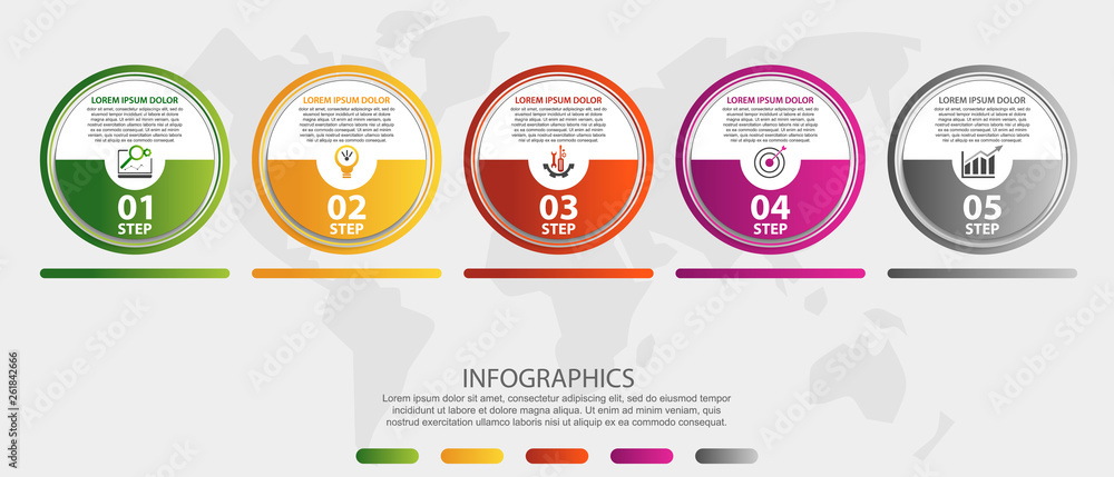 Modern 3D vector illustration. Circular infographic template with five elements. Icons and text. Designed for business, presentations, web design, applications, interfaces, diagrams with 5 steps