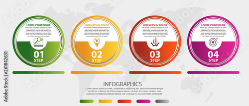Modern 3D vector illustration. Circular infographic template with four elements. Icons and text. Designed for business, presentations, web design, applications, interfaces, diagrams with 4 steps