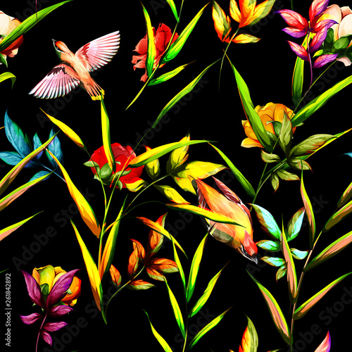 Seamless floral background pattern. Tropical leaves with roses buds and waxwing bird around. Abstract on black. Hand drawn. 