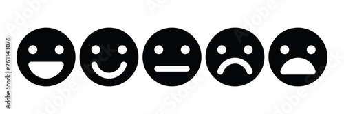 Basic emoticons set. Five facial expression of feedback - from positive to negative. Simple black vector icons