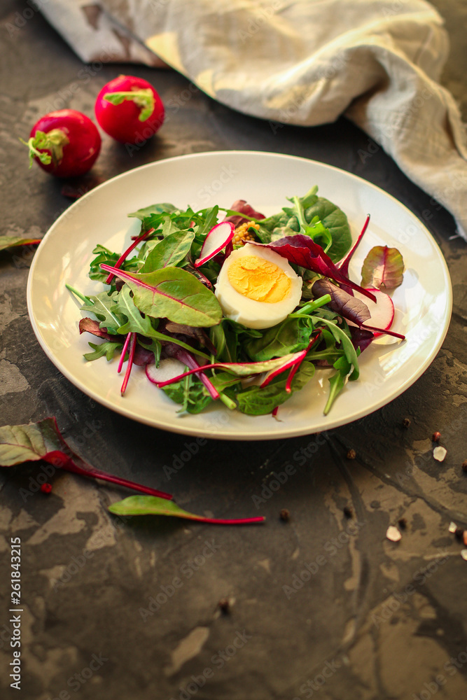 salad with radishes, boiled egg and mix lettuce leaves, appetizer, snack. food background. top view salad with radishes, boiled egg and mix lettuce leaves, appetizer, snack. food background. top view