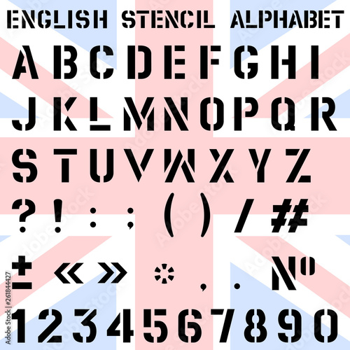Vector. Stencilled font of the English alphabet, numbers and punctuation marks.