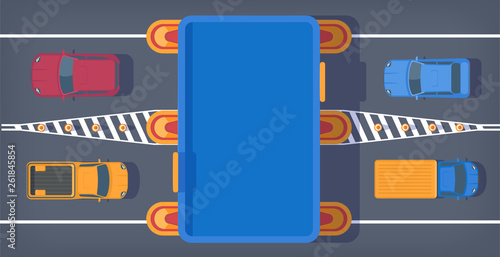 Toll road with the checkpoint. Road tax for using expensive. Highway toll plaza with transport.