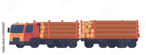 Logging truck isolated on white background. Truck with trailer for transportation of raw wood and timber products. Foresty industry. Vector flat style illustration.
