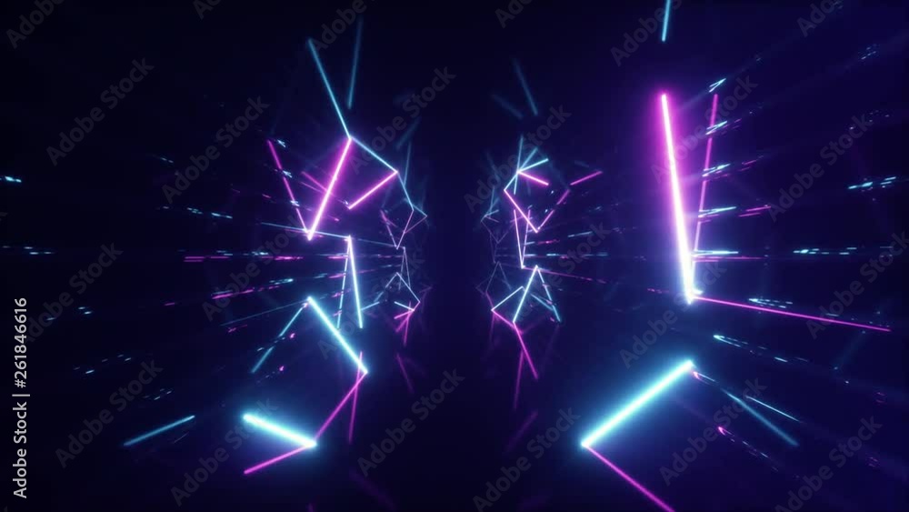 Abstract colorful flying in futuristic corridor with hexagons, seamless loop 4k background, fluorescent ultraviolet light, laser neon lines, geometric endless tunnel, blue pink spectrum, 3d render