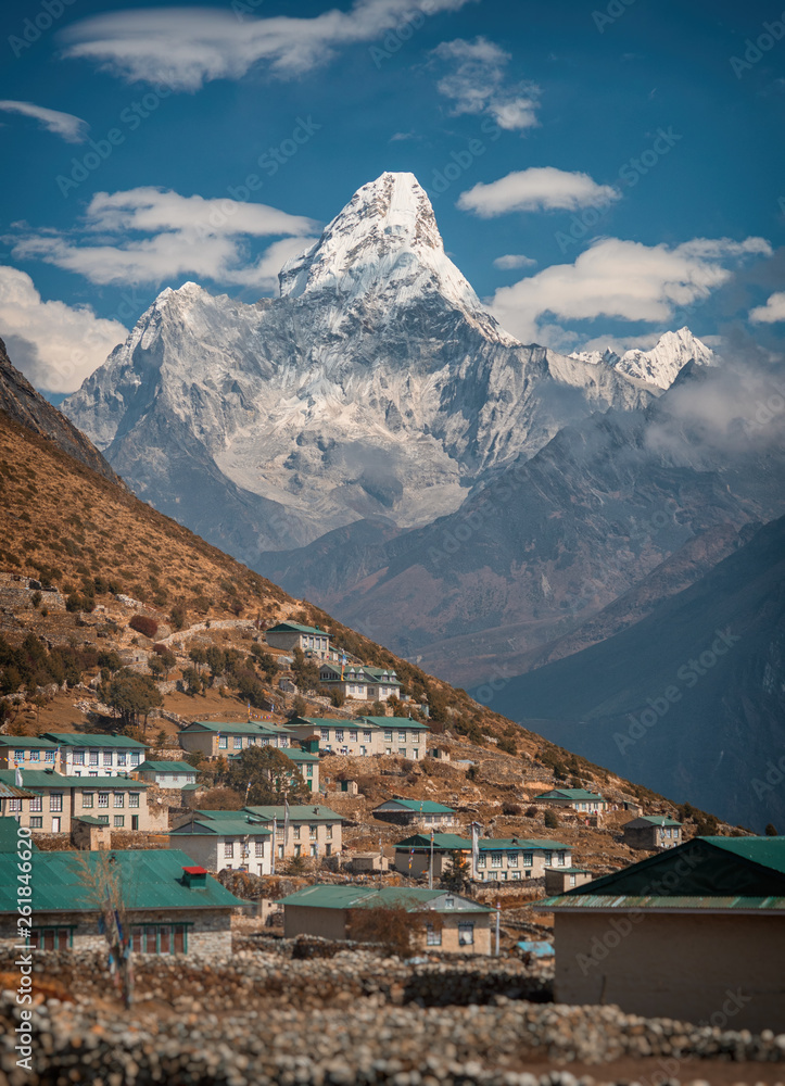 Fototapeta premium Scenic view of Ama Dablam - one of the most beautiful peaks in the world. Khumjung village, Nepal