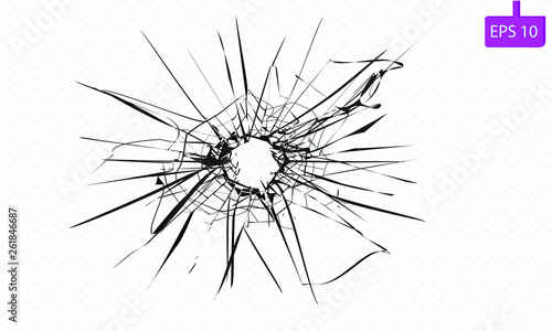 Broken glass  cracks  bullet marks on glass. Illustration set. You can easy change colors or sizes. High resolution