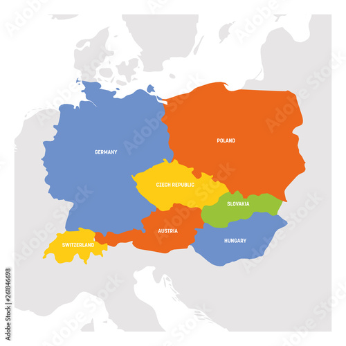 Central Europe Region. Map of countries in central part of Europe. Vector illustration