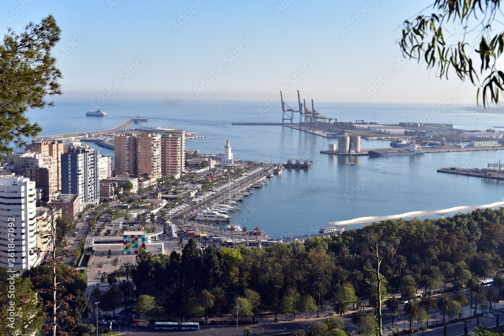 Aerial view of the Malaga new boulevard, promenade harbor harbour Quay 1with bars and restaurants