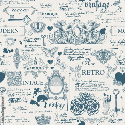 Vector seamless pattern, hand drawn background on the theme of vintage art objects, furniture and Antiques in retro style. Wallpaper, wrapping paper, textile, fabric or background for clothes