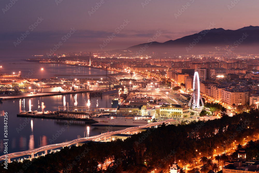 Aerial view of Plaza Marina with ferris wheel, port of Malaga, sunset, Andalusia, Spain