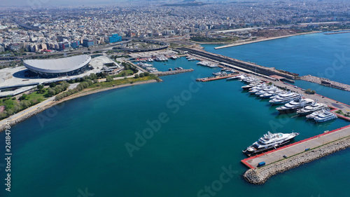 Aerial drone top view photo of luxury boats docked in Athens Marina, Piraeus, Attica, Greece